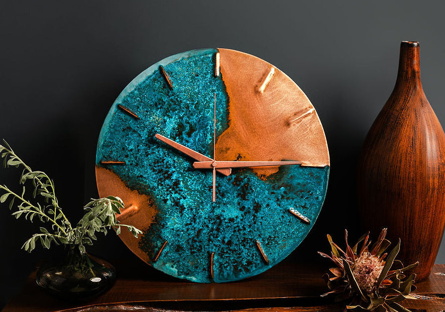 “Half Time” Blue Patina Copper Wall Clock | Copper | Empire Copper